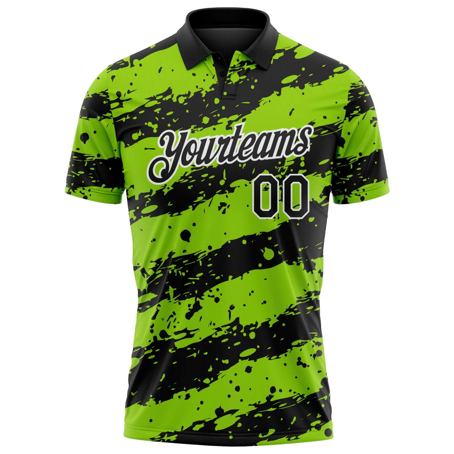 Custom Black Neon Green-White Paint Splash Stripe Performance Polo Shirt view 2