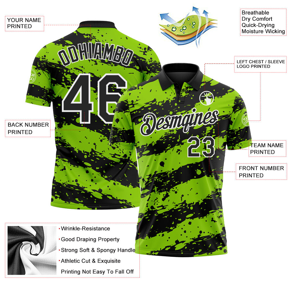 Custom Black Neon Green-White Paint Splash Stripe Performance Polo Shirt view 3