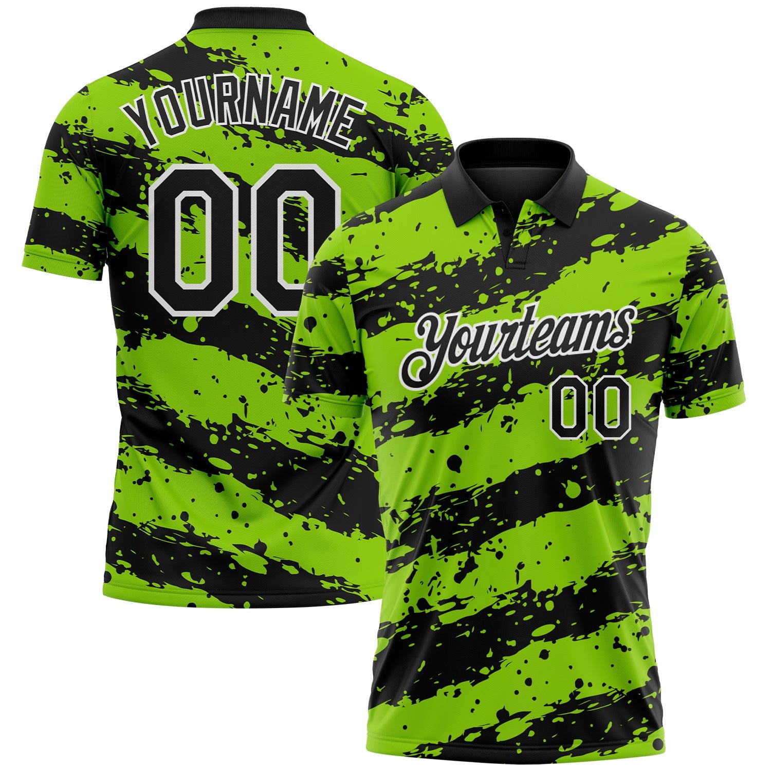 Custom Black Neon Green-White Paint Splash Stripe Performance Polo Shirt - Main View