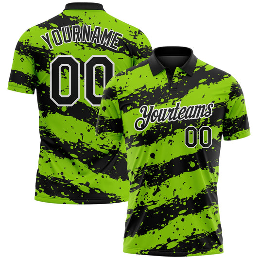 Custom Black Neon Green-White Paint Splash Stripe Performance Polo Shirt - Main View