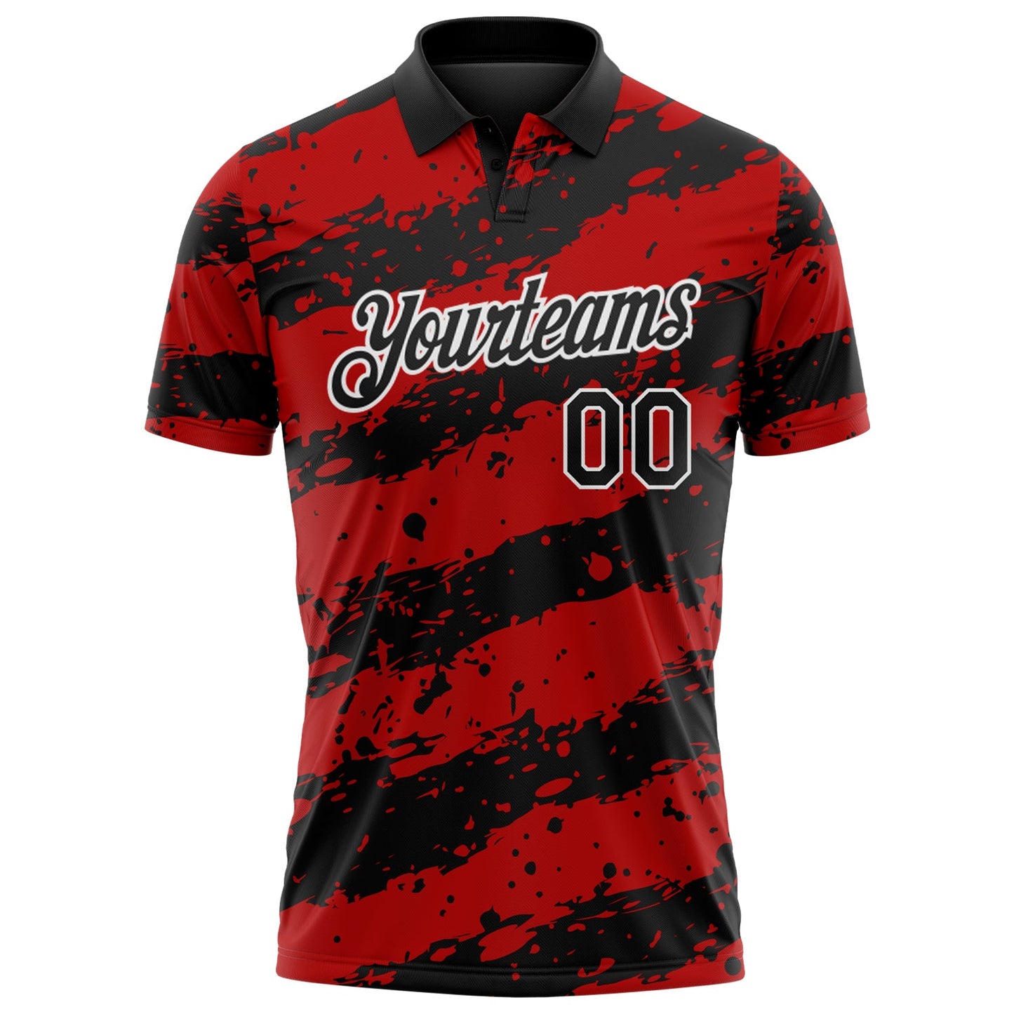Custom Black Red-White Paint Splash Stripe Performance Polo Shirt view 2