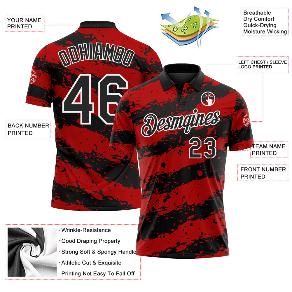 Custom Black Red-White Paint Splash Stripe Performance Polo Shirt view 3