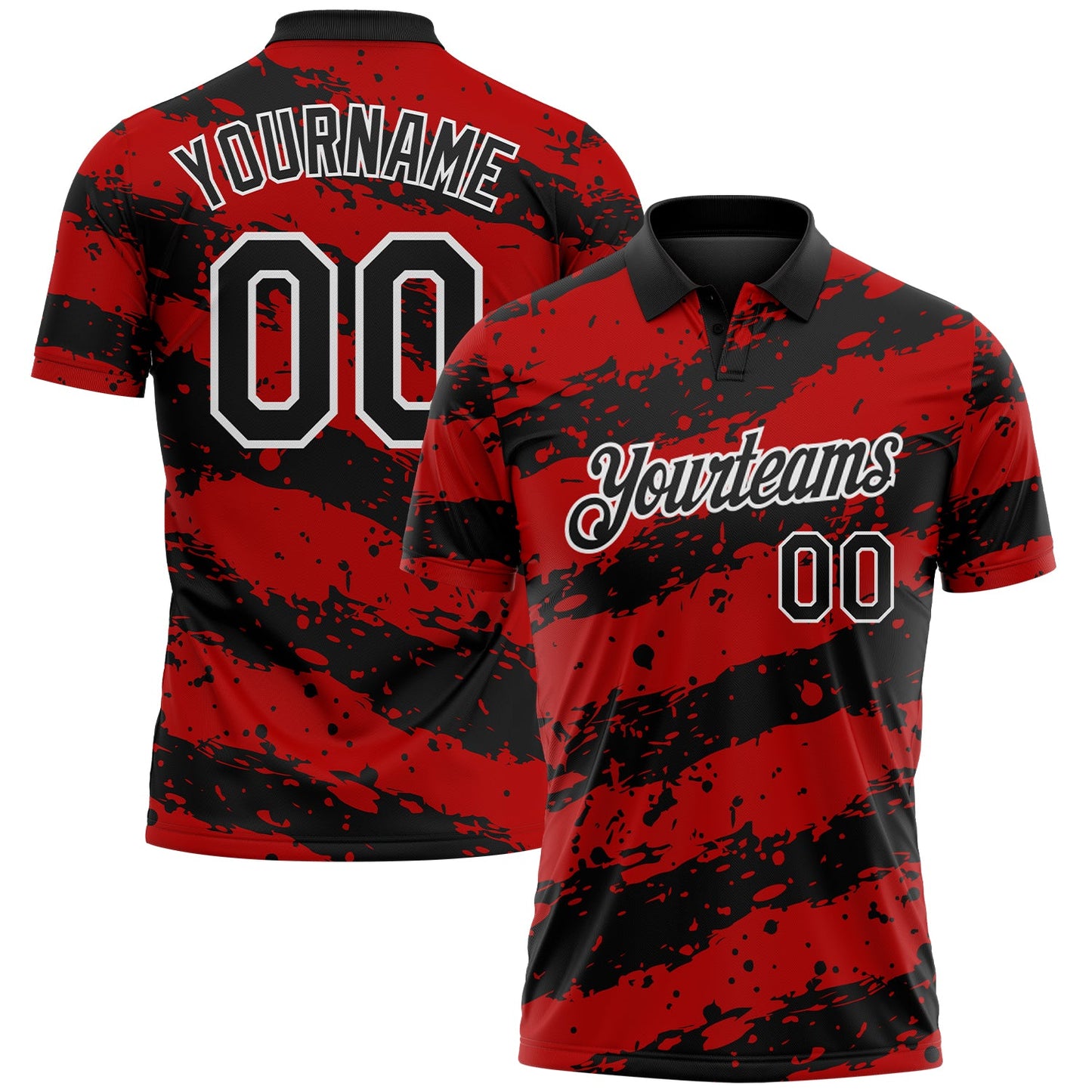 Custom Black Red-White Paint Splash Stripe Performance Polo Shirt - Main View