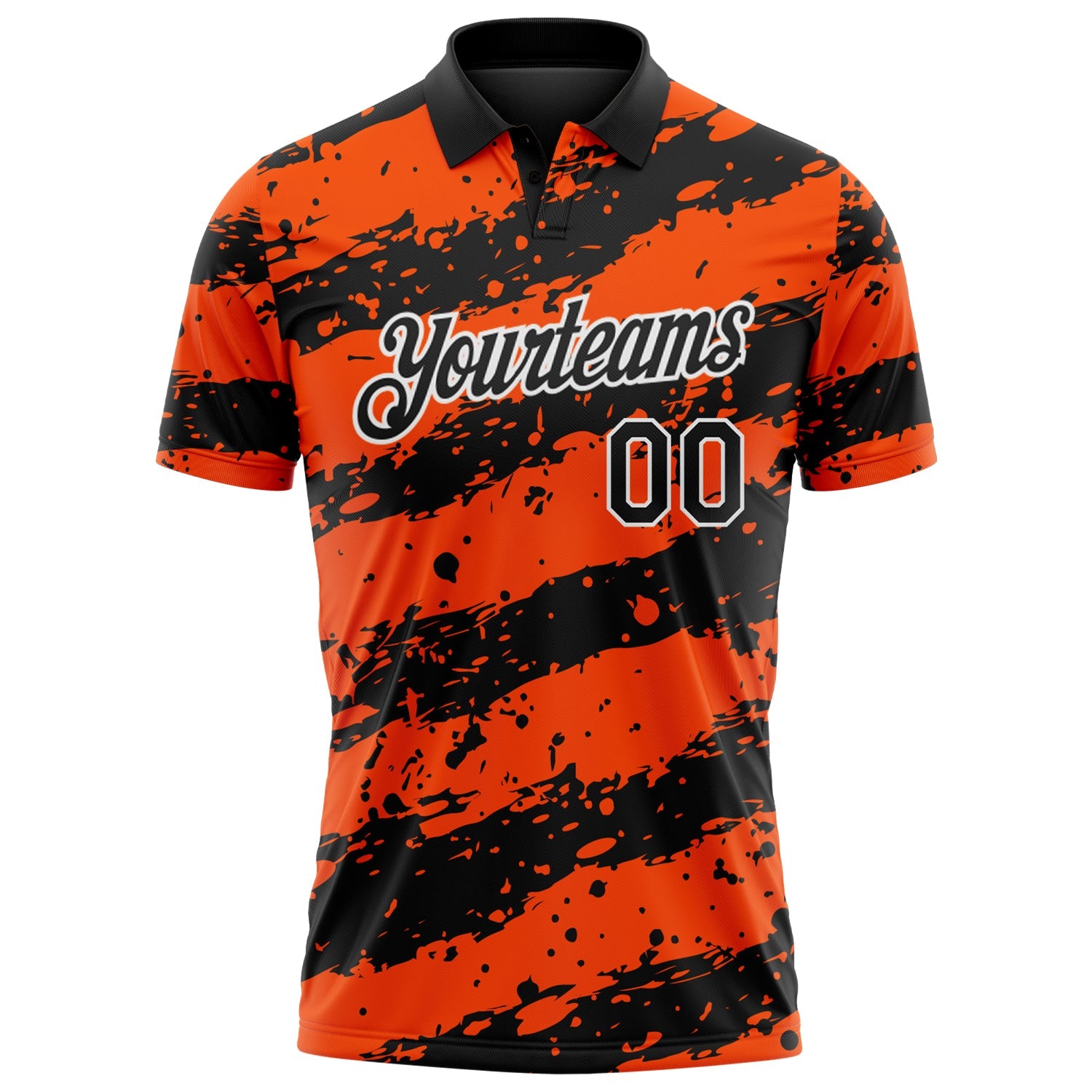 Custom Black Orange-White Paint Splash Stripe Performance Polo Shirt view 2