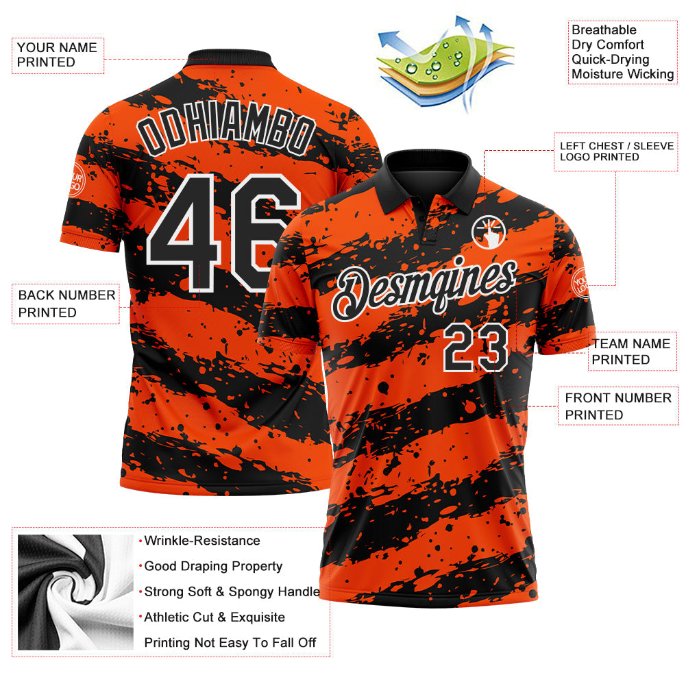 Custom Black Orange-White Paint Splash Stripe Performance Polo Shirt view 3