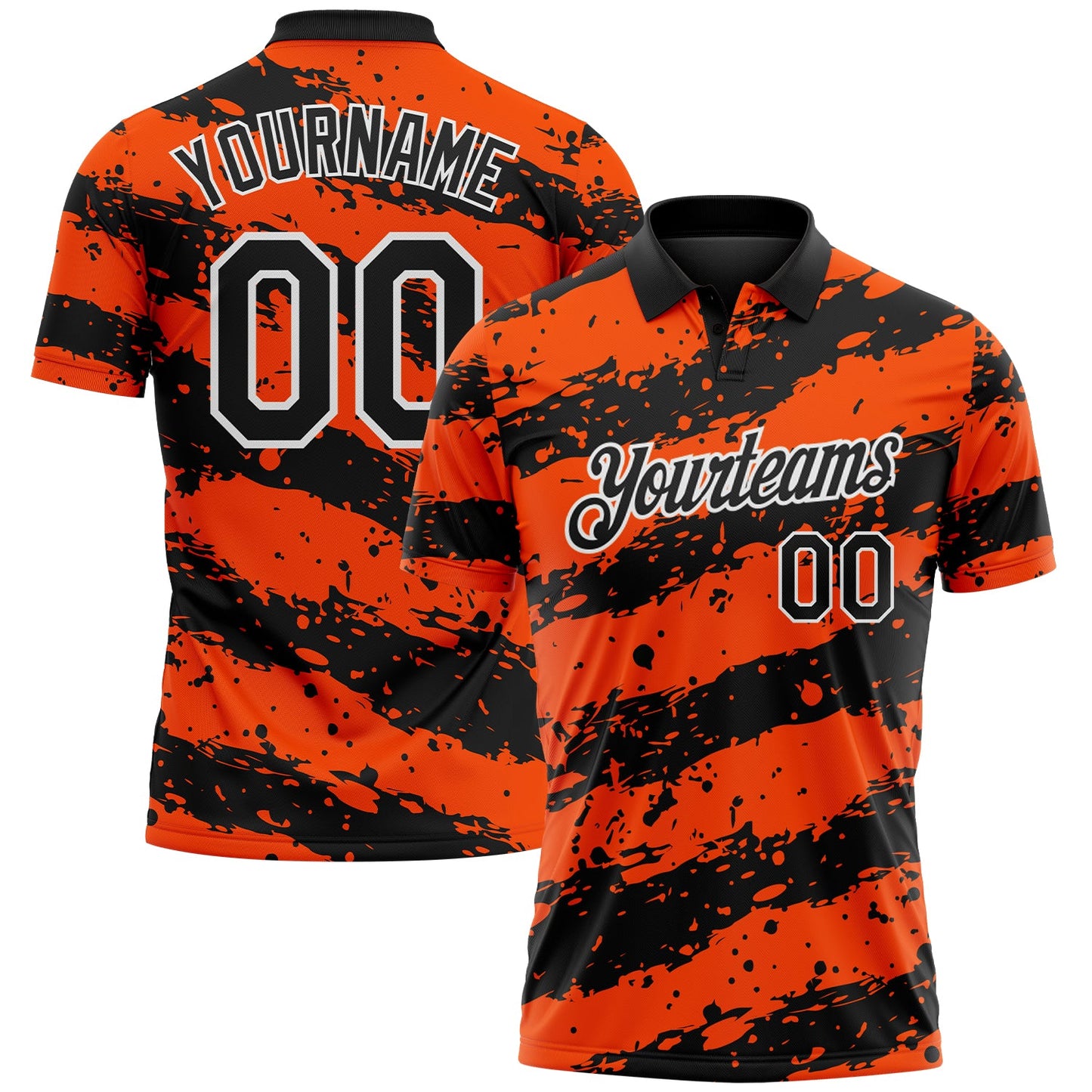 Custom Black Orange-White Paint Splash Stripe Performance Polo Shirt - Main View