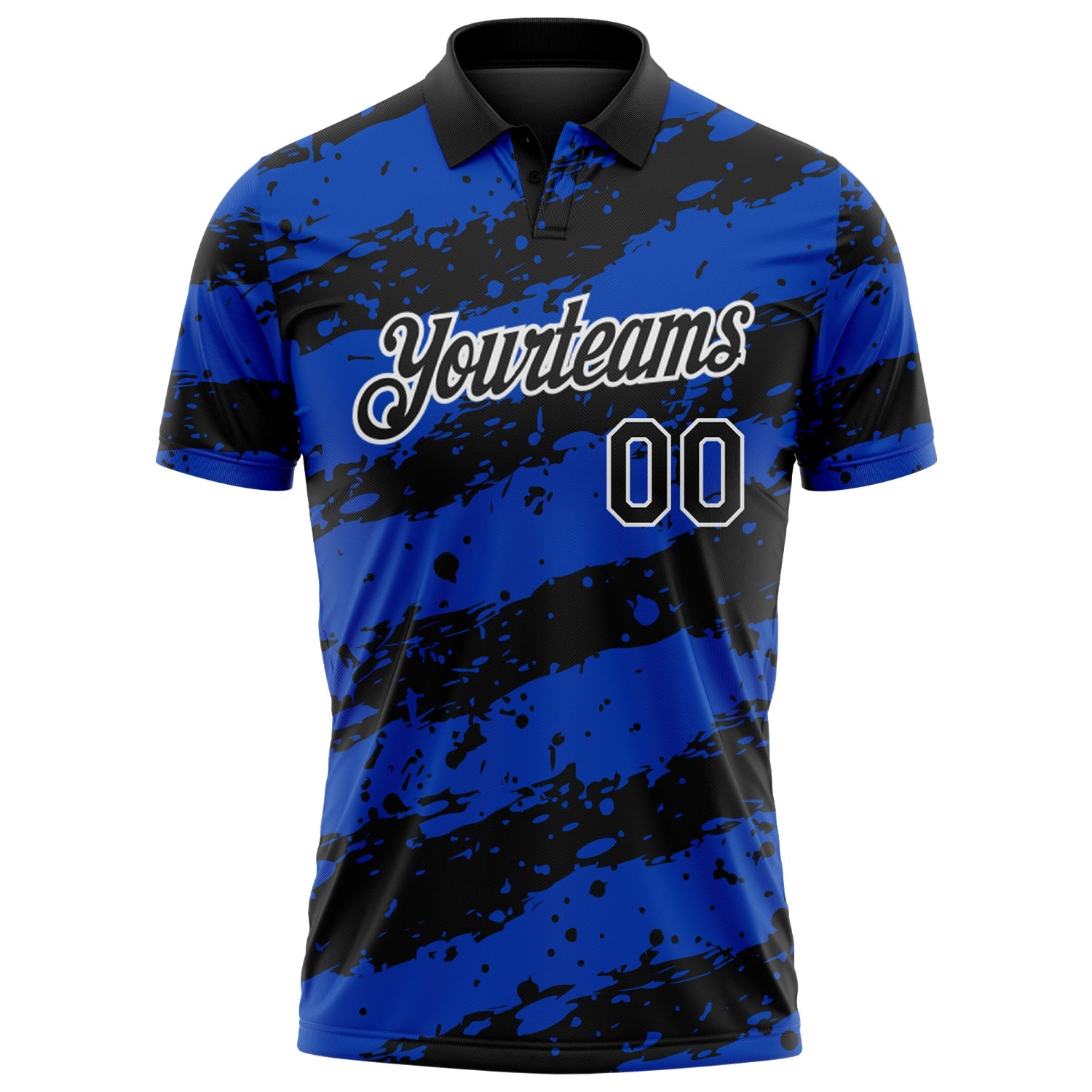 Custom Black Thunder Blue-White Paint Splash Stripe Performance Polo Shirt view 2