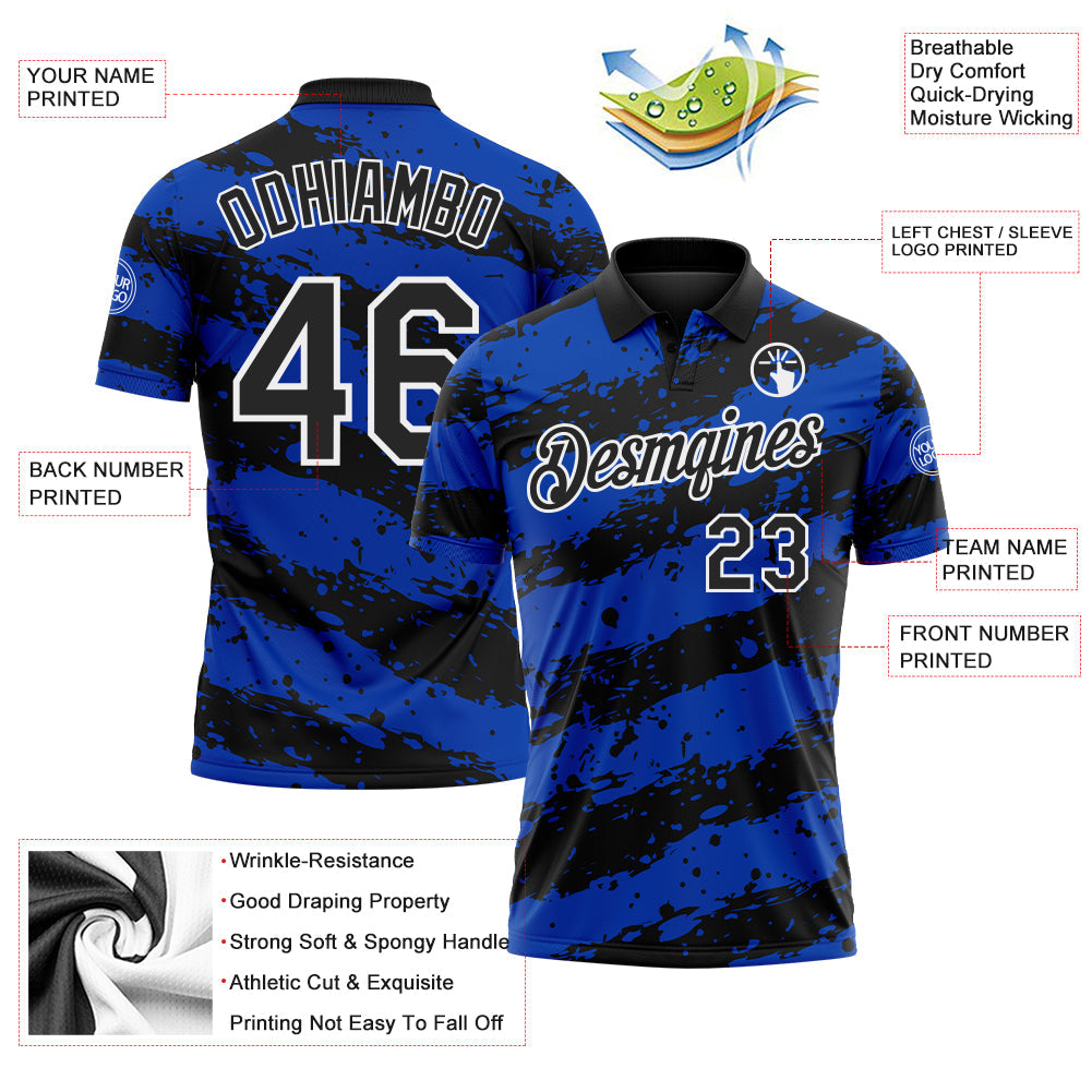 Custom Black Thunder Blue-White Paint Splash Stripe Performance Polo Shirt view 3