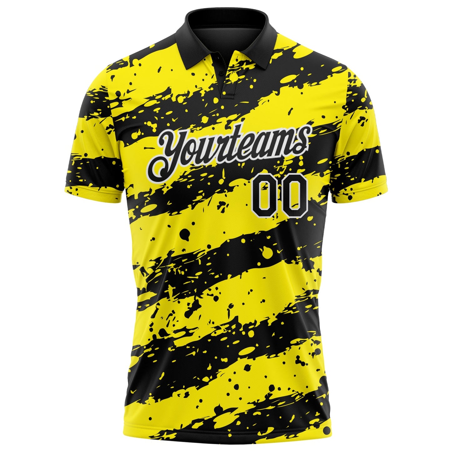 Custom Black Light Yellow-White Paint Splash Stripe Performance Polo Shirt view 2