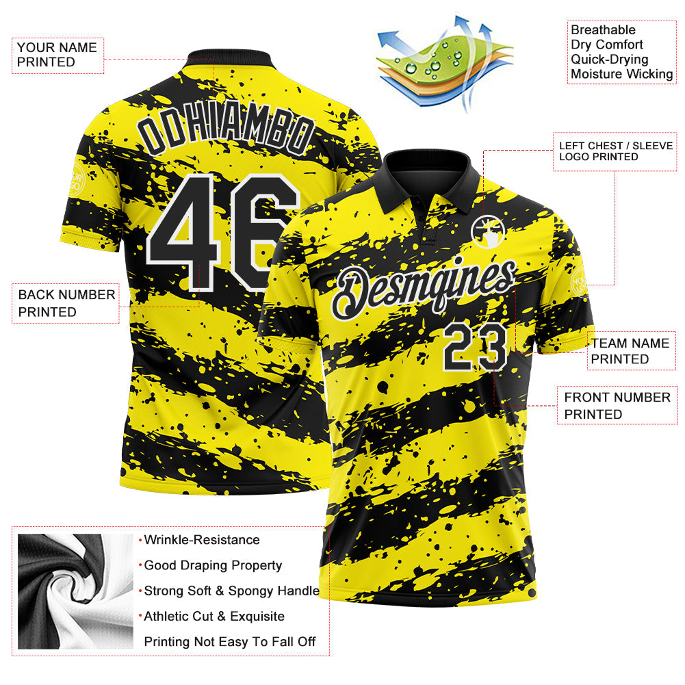 Custom Black Light Yellow-White Paint Splash Stripe Performance Polo Shirt view 3