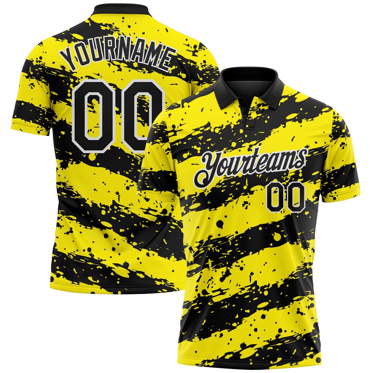 Custom Black Light Yellow-White Paint Splash Stripe Performance Polo Shirt - Main View