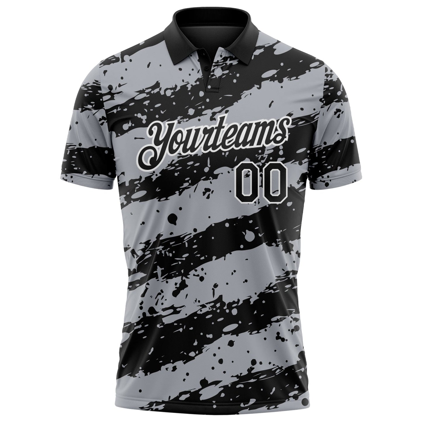 Custom Black Gray-White Paint Splash Stripe Performance Polo Shirt view 2