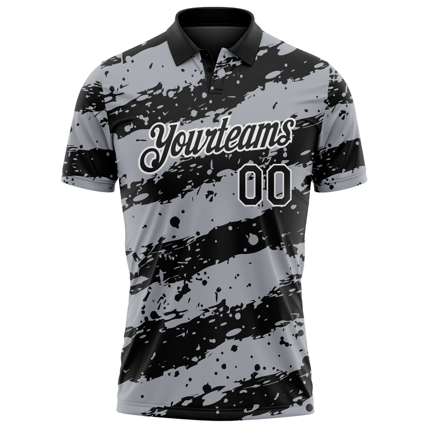 Custom Black Gray-White Paint Splash Stripe Performance Polo Shirt view 2