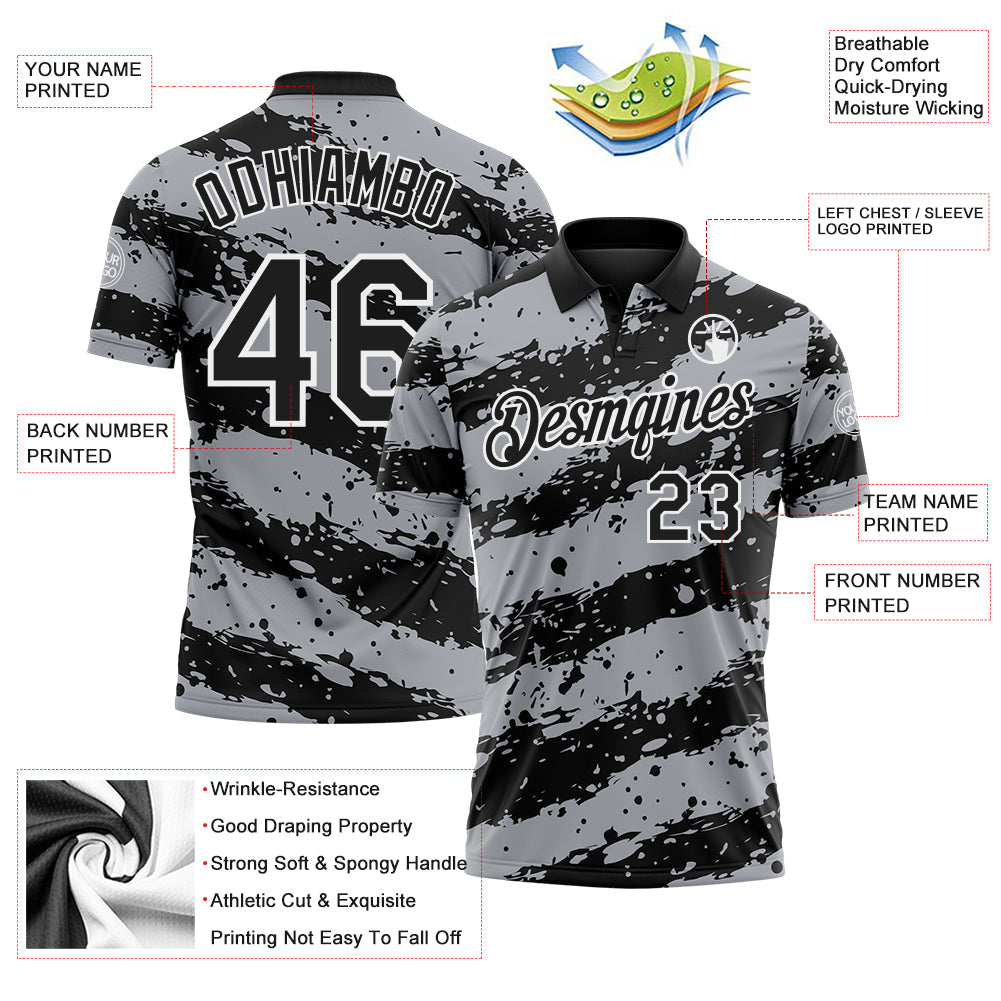 Custom Black Gray-White Paint Splash Stripe Performance Polo Shirt view 3