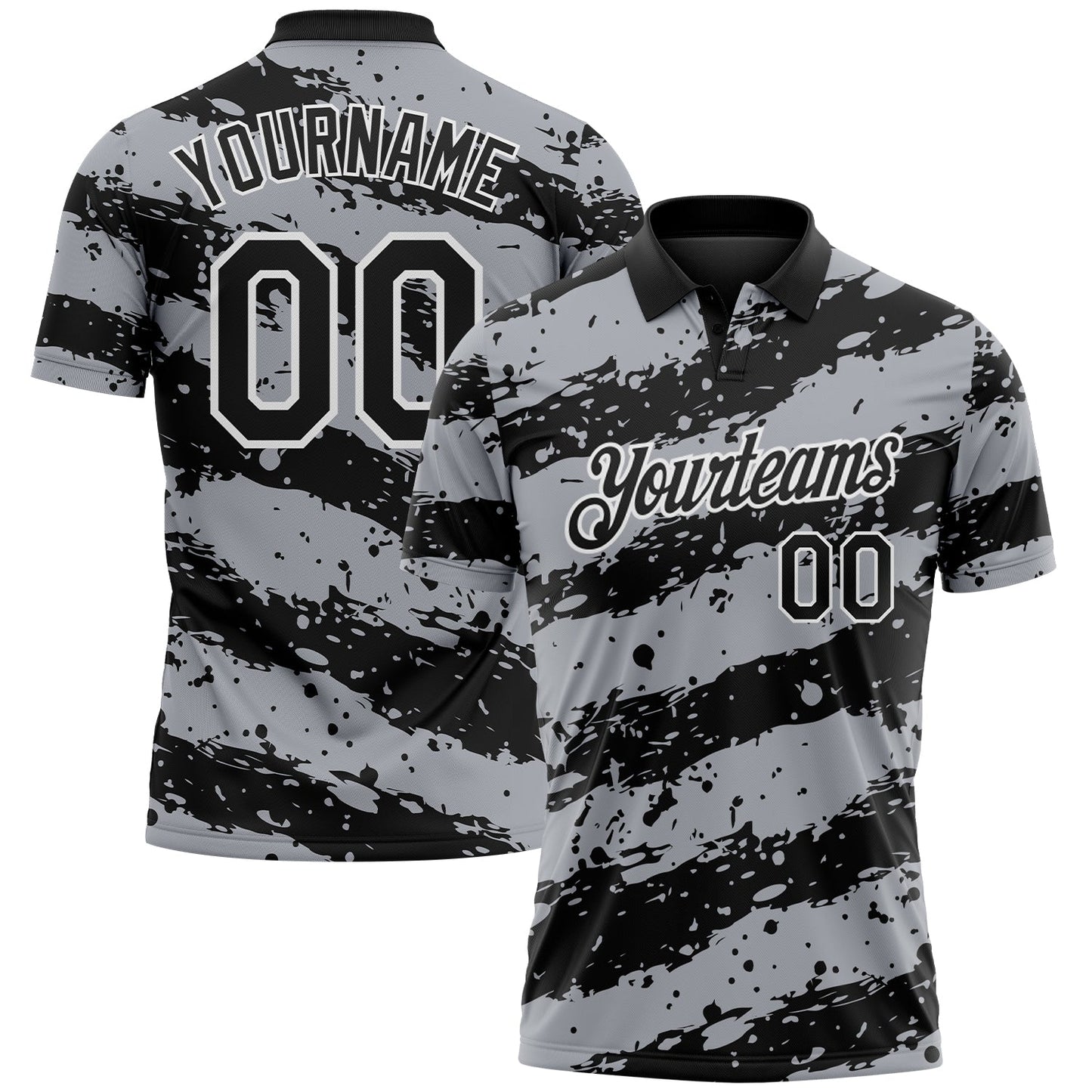 Custom Black Gray-White Paint Splash Stripe Performance Polo Shirt - Main View