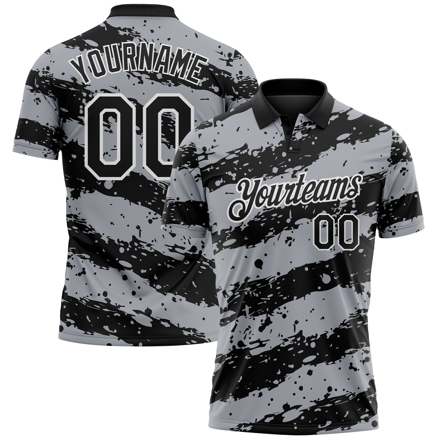 Custom Black Gray-White Paint Splash Stripe Performance Polo Shirt - Main View