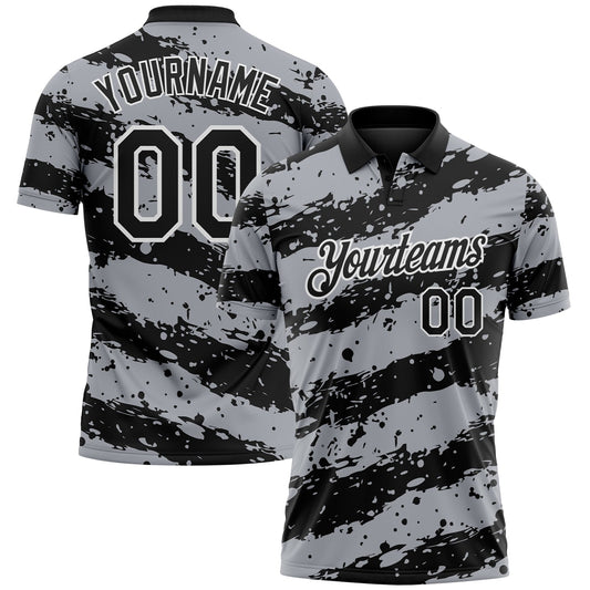 Custom Black Gray-White Paint Splash Stripe Performance Polo Shirt - Main View