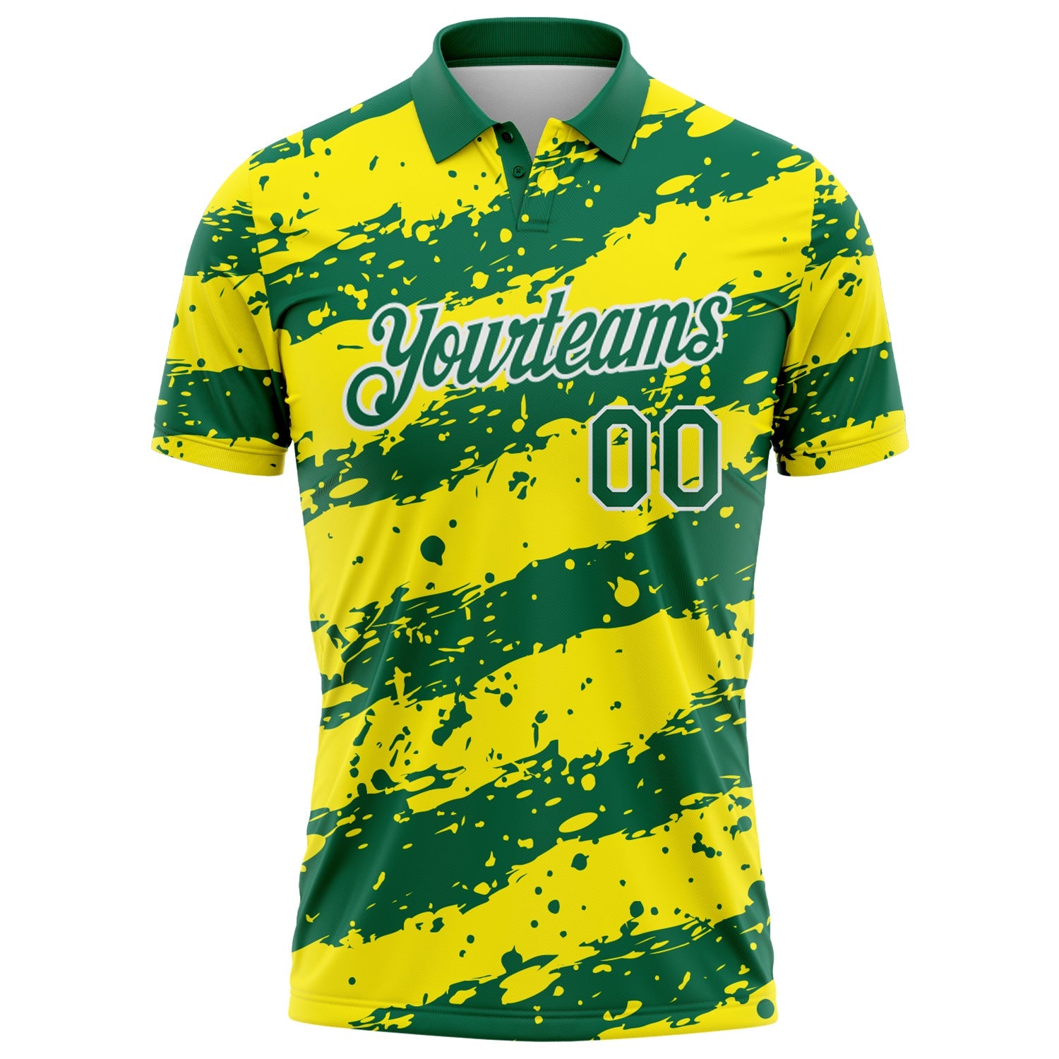 Custom Kelly Green Light Yellow-White Paint Splash Stripe Performance Polo Shirt view 2
