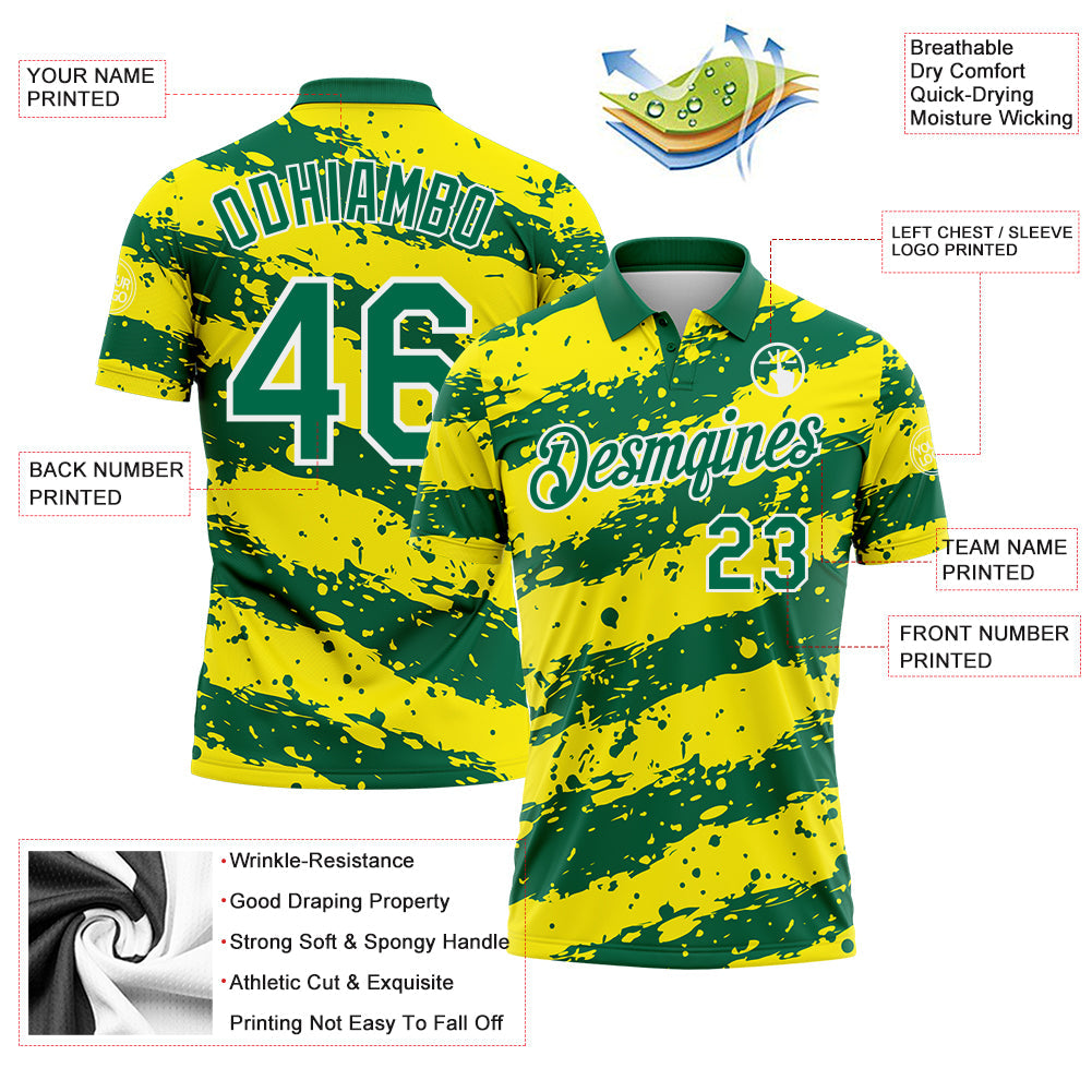 Custom Kelly Green Light Yellow-White Paint Splash Stripe Performance Polo Shirt view 3