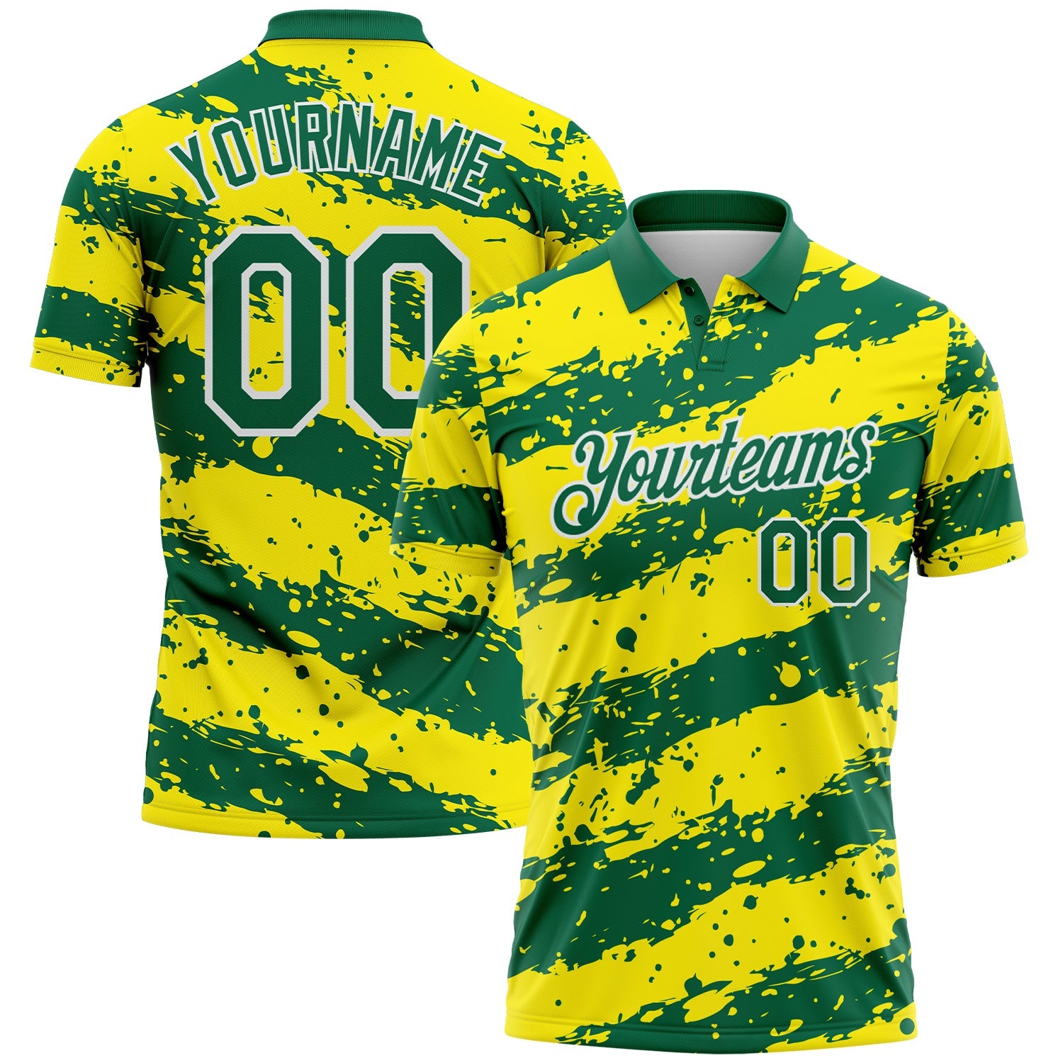 Custom Kelly Green Light Yellow-White Paint Splash Stripe Performance Polo Shirt - Main View