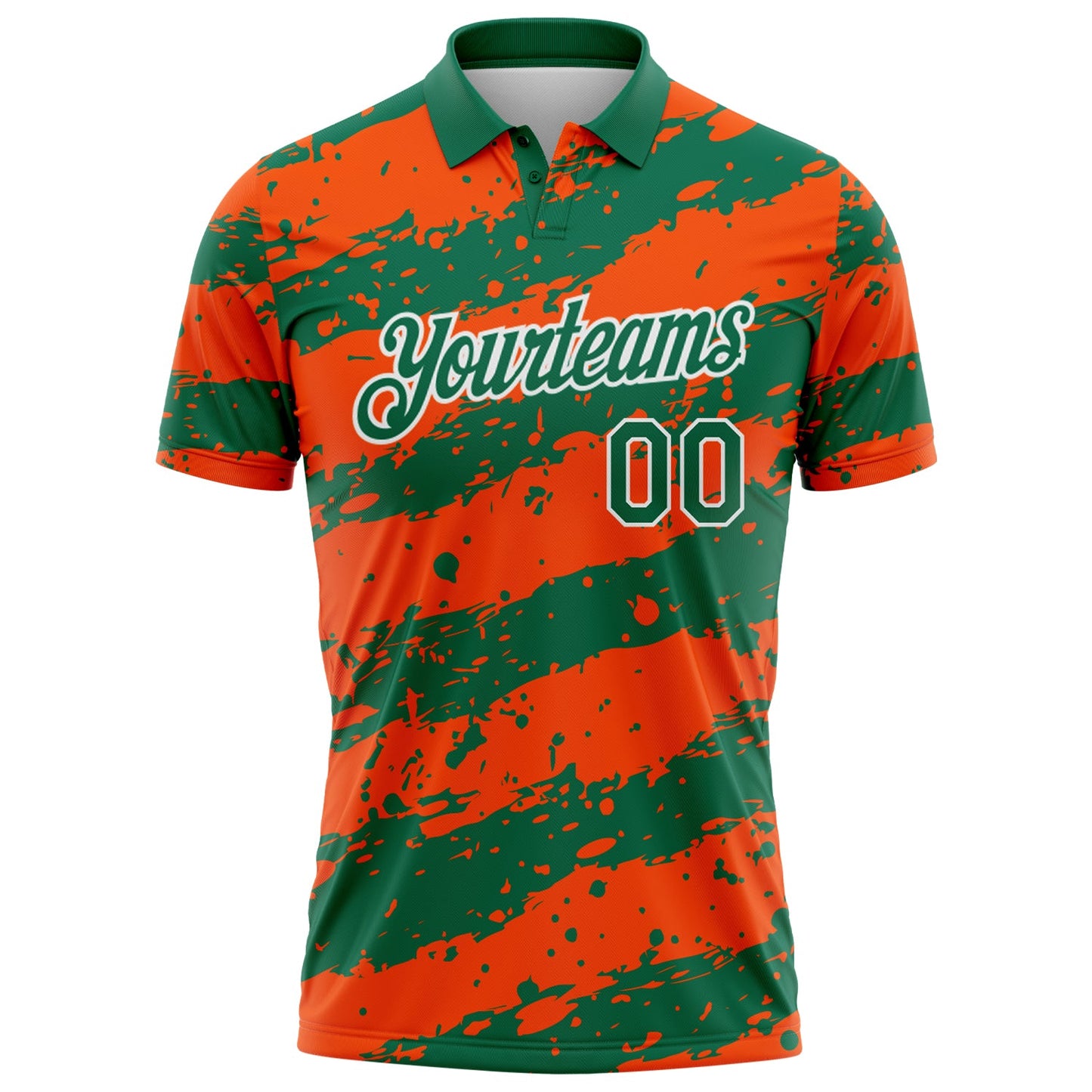 Custom Kelly Green Orange-White Paint Splash Stripe Performance Polo Shirt view 2