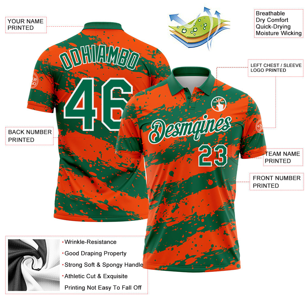 Custom Kelly Green Orange-White Paint Splash Stripe Performance Polo Shirt view 3