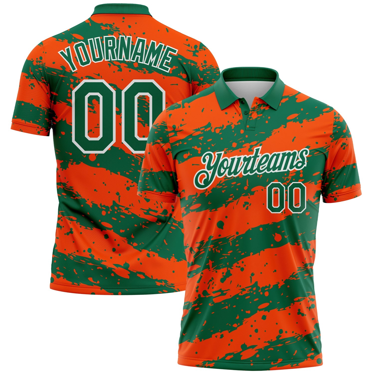 Custom Kelly Green Orange-White Paint Splash Stripe Performance Polo Shirt - Main View