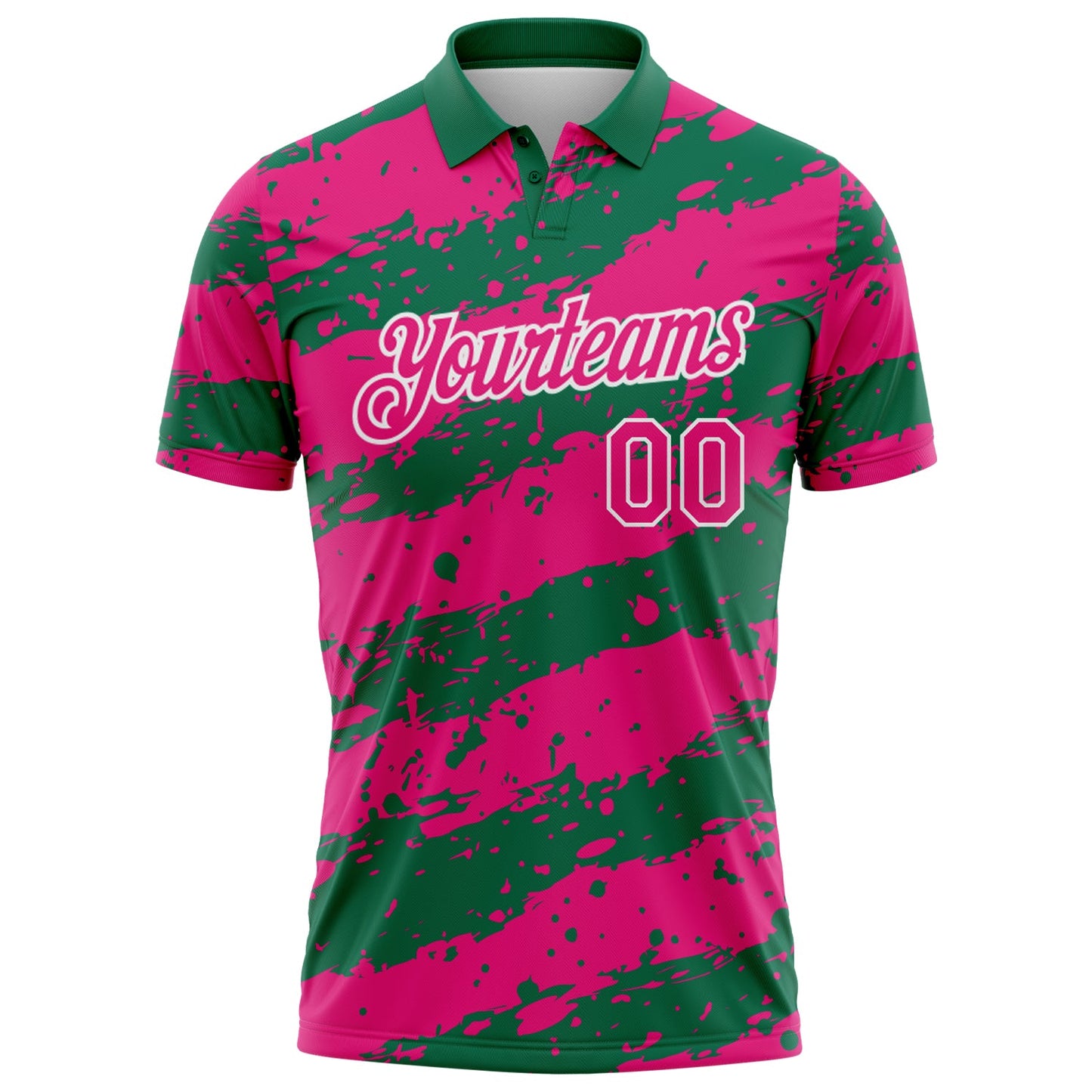 Custom Kelly Green Hot Pink-White Paint Splash Stripe Performance Polo Shirt view 2