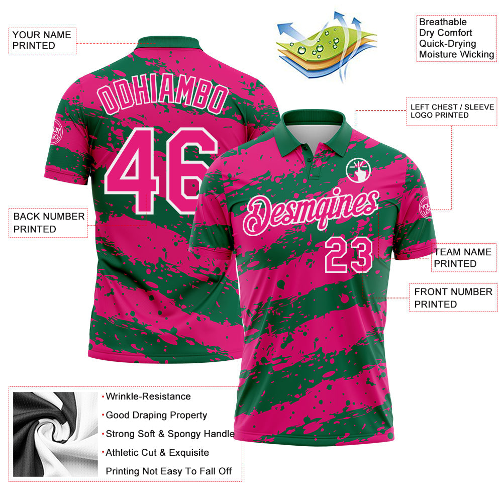 Custom Kelly Green Hot Pink-White Paint Splash Stripe Performance Polo Shirt view 3