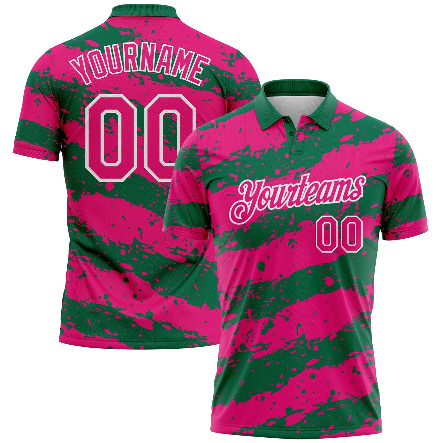 Custom Kelly Green Hot Pink-White Paint Splash Stripe Performance Polo Shirt - Main View