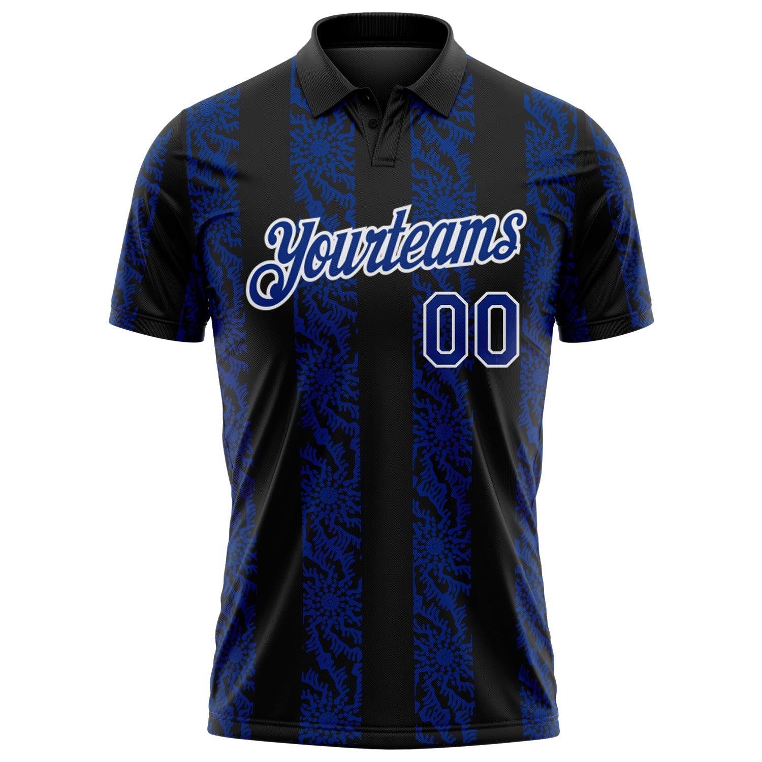 Custom Black Royal-White Abstract Floral Stripe Tribal Performance Polo Shirt view 2