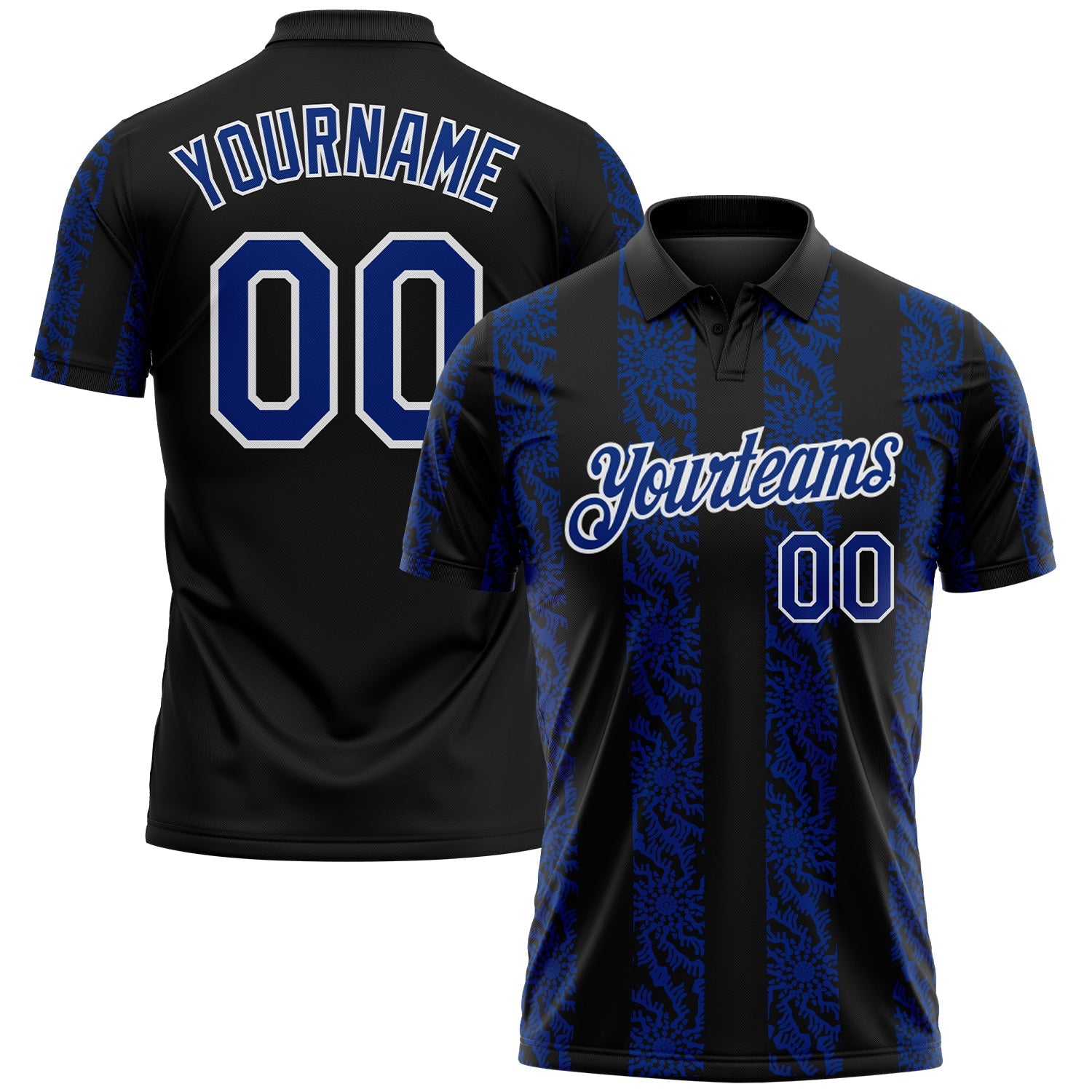 Custom Black Royal-White Abstract Floral Stripe Tribal Performance Polo Shirt - Main View
