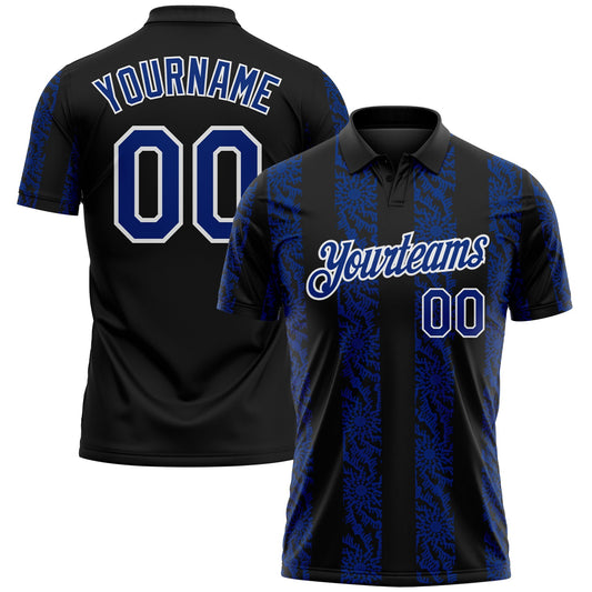 Custom Black Royal-White Abstract Floral Stripe Tribal Performance Polo Shirt - Main View