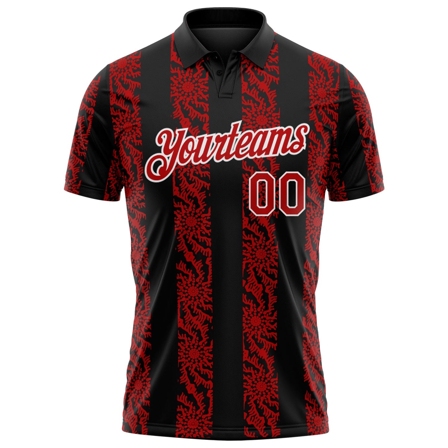 Custom Black Red-White Abstract Floral Stripe Tribal Performance Polo Shirt view 2