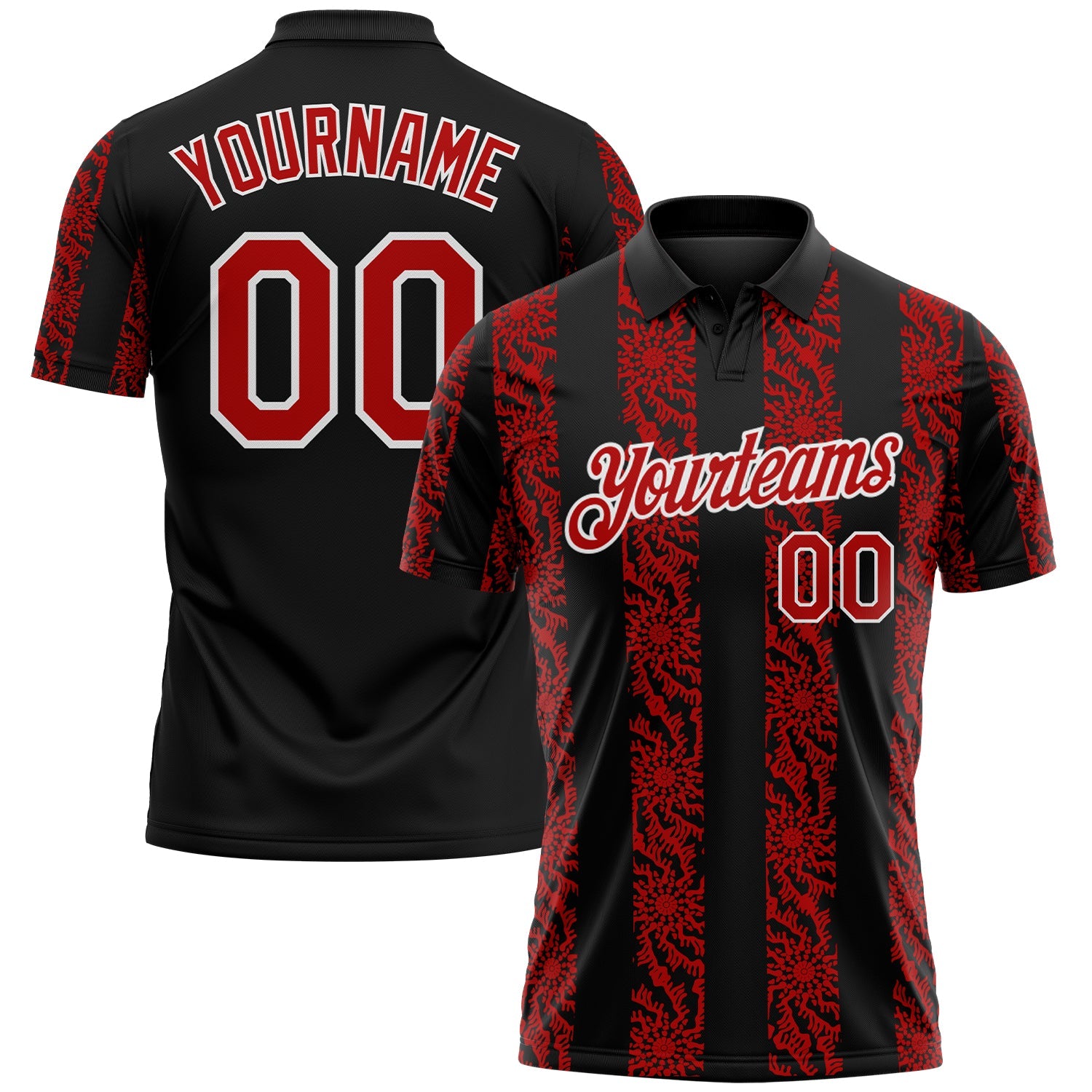 Custom Black Red-White Abstract Floral Stripe Tribal Performance Polo Shirt - Main View