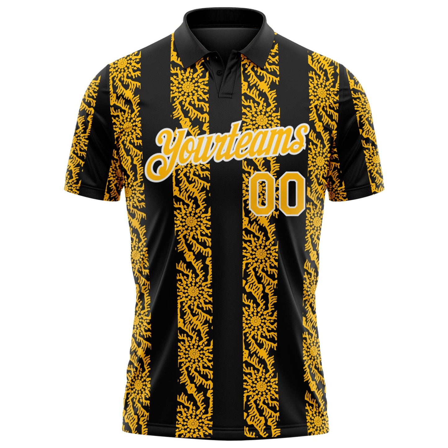 Custom Black Gold-White Abstract Floral Stripe Tribal Performance Polo Shirt view 2