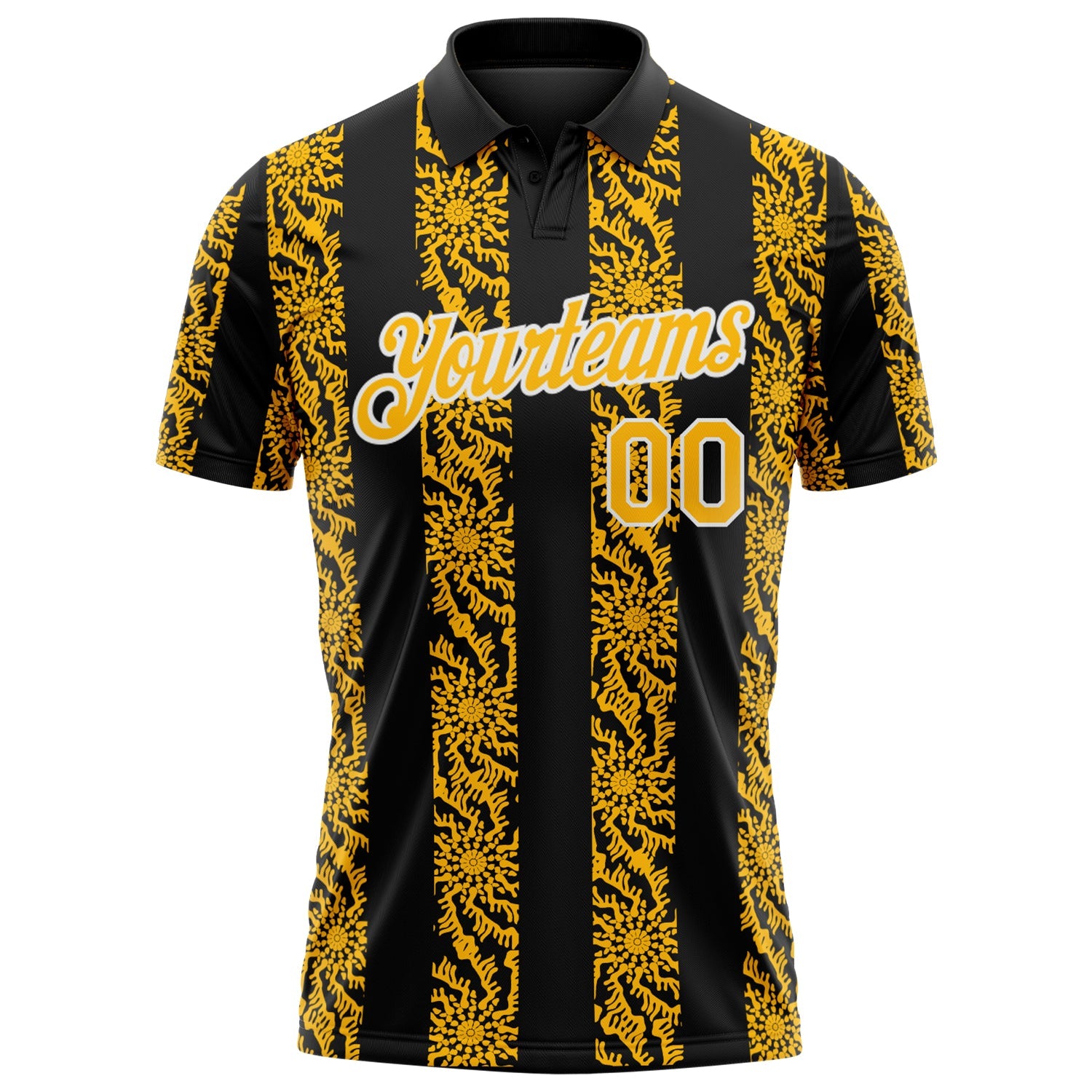 Custom Black Gold-White Abstract Floral Stripe Tribal Performance Polo Shirt view 2