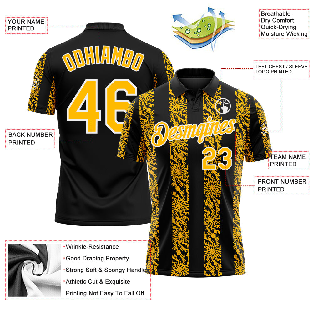 Custom Black Gold-White Abstract Floral Stripe Tribal Performance Polo Shirt view 3