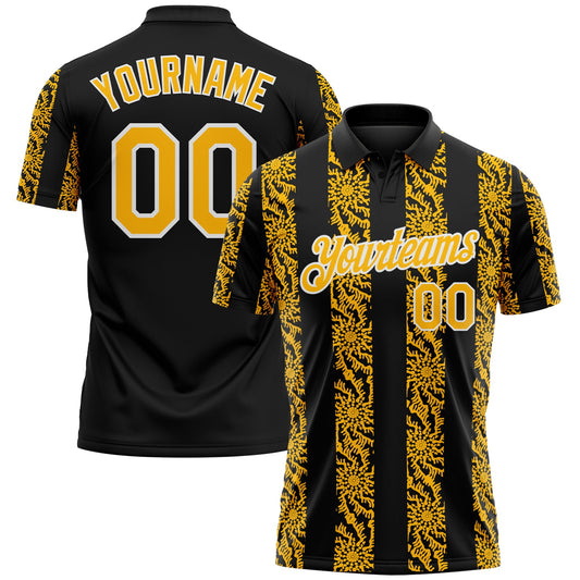Custom Black Gold-White Abstract Floral Stripe Tribal Performance Polo Shirt - Main View