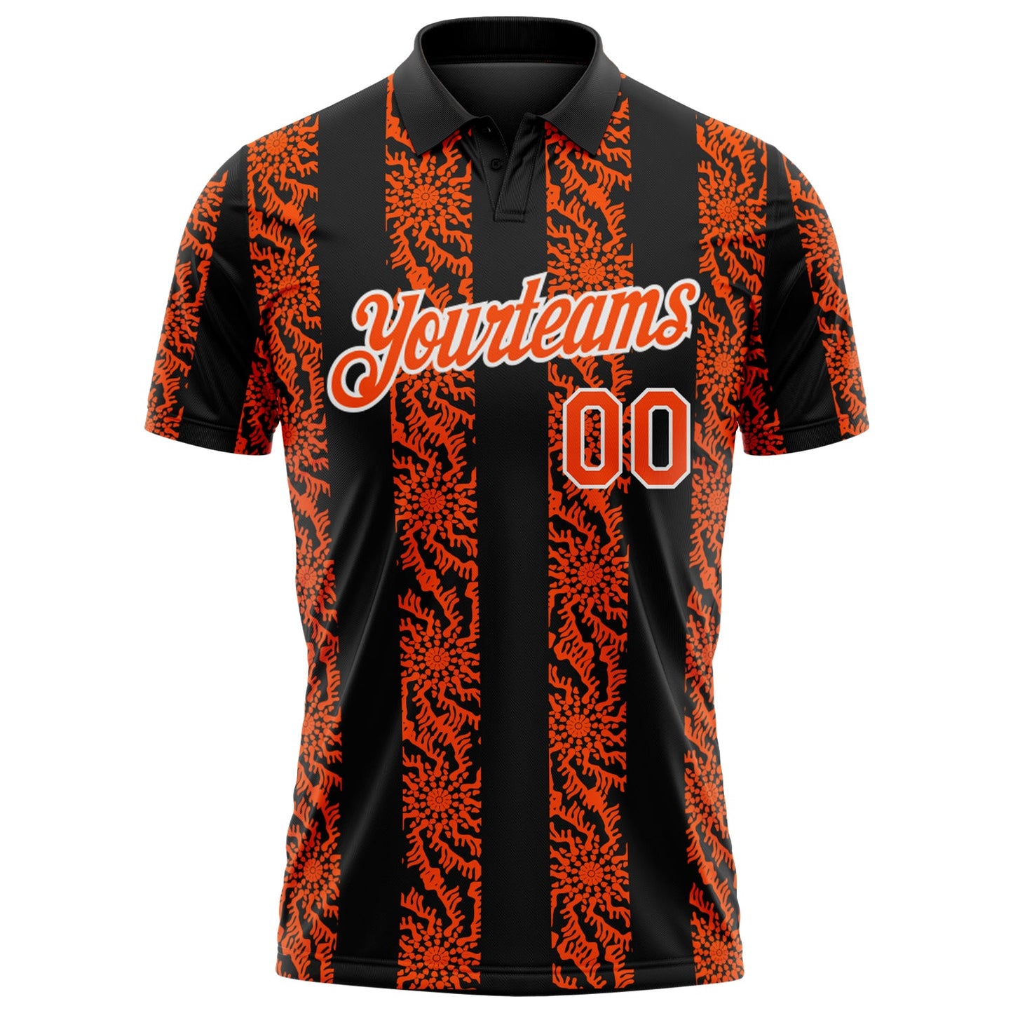 Custom Black Orange-White Abstract Floral Stripe Tribal Performance Polo Shirt view 2
