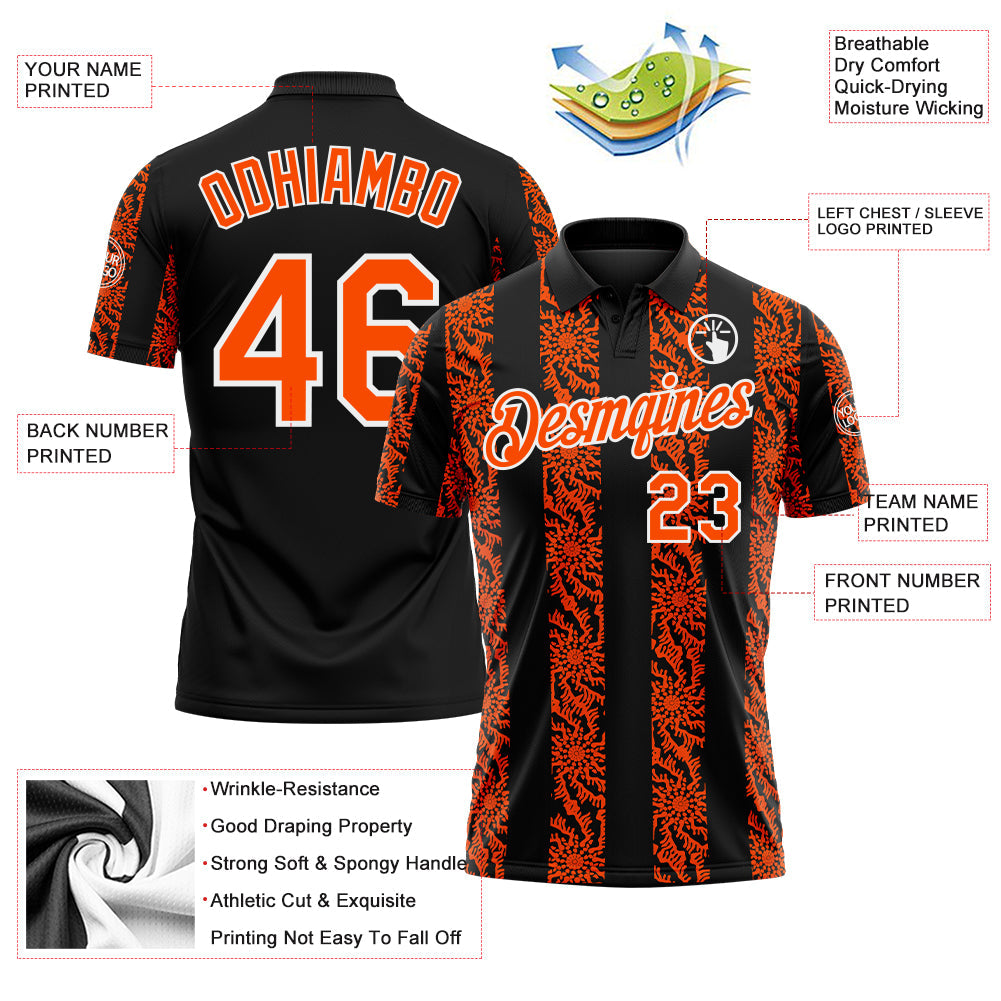 Custom Black Orange-White Abstract Floral Stripe Tribal Performance Polo Shirt view 3