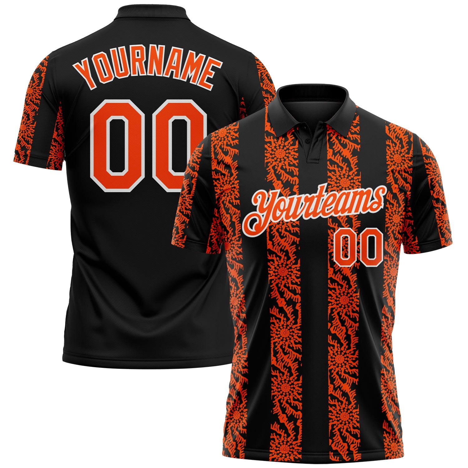 Custom Black Orange-White Abstract Floral Stripe Tribal Performance Polo Shirt - Main View