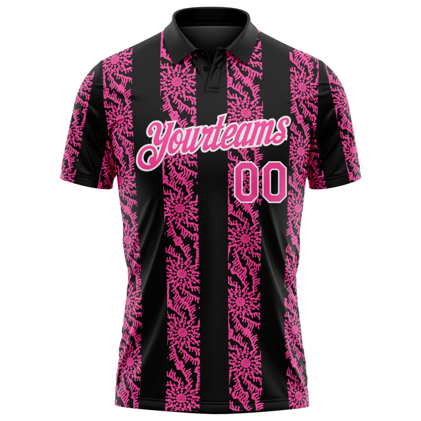 Custom Black Pink-White Abstract Floral Stripe Tribal Performance Polo Shirt view 2