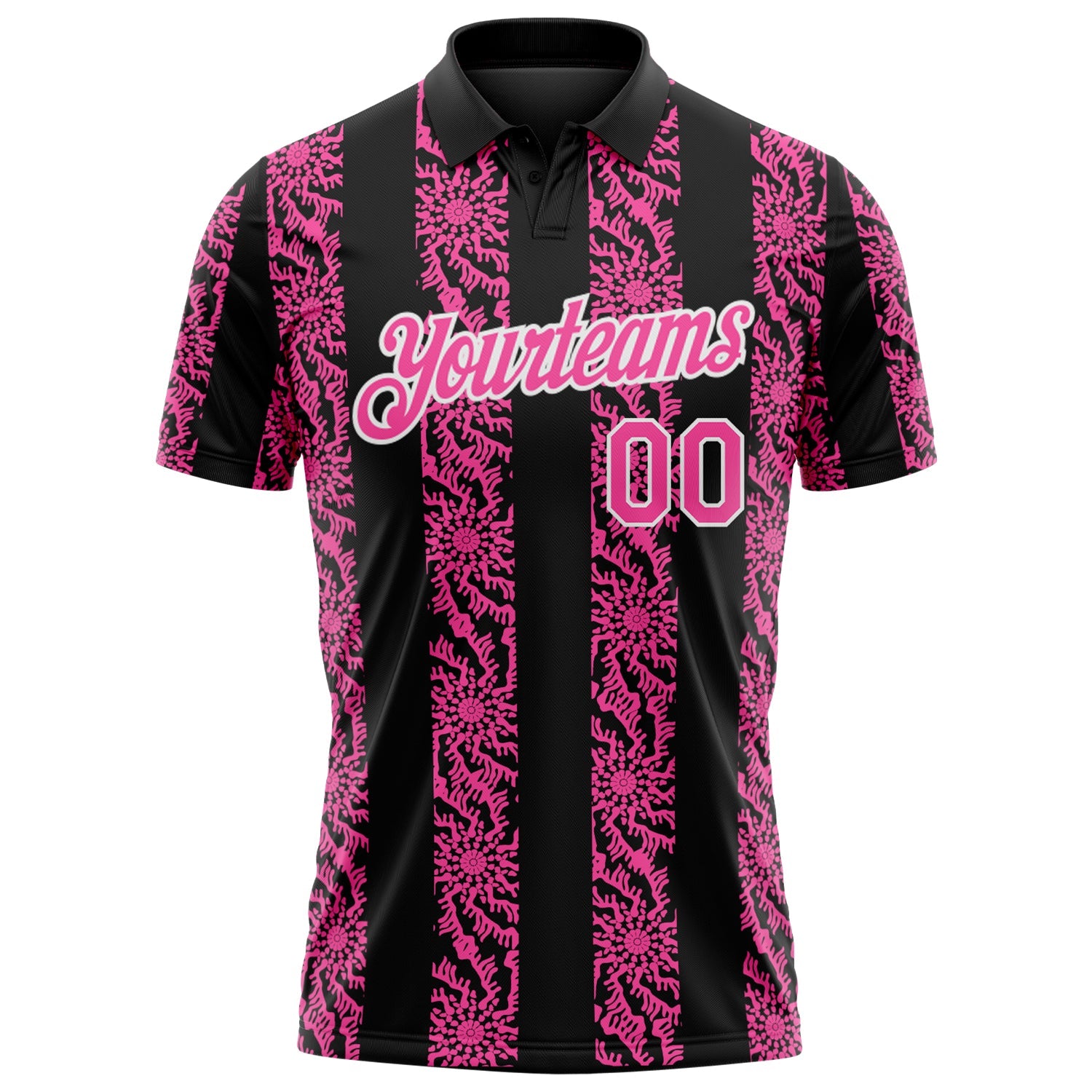 Custom Black Pink-White Abstract Floral Stripe Tribal Performance Polo Shirt view 2