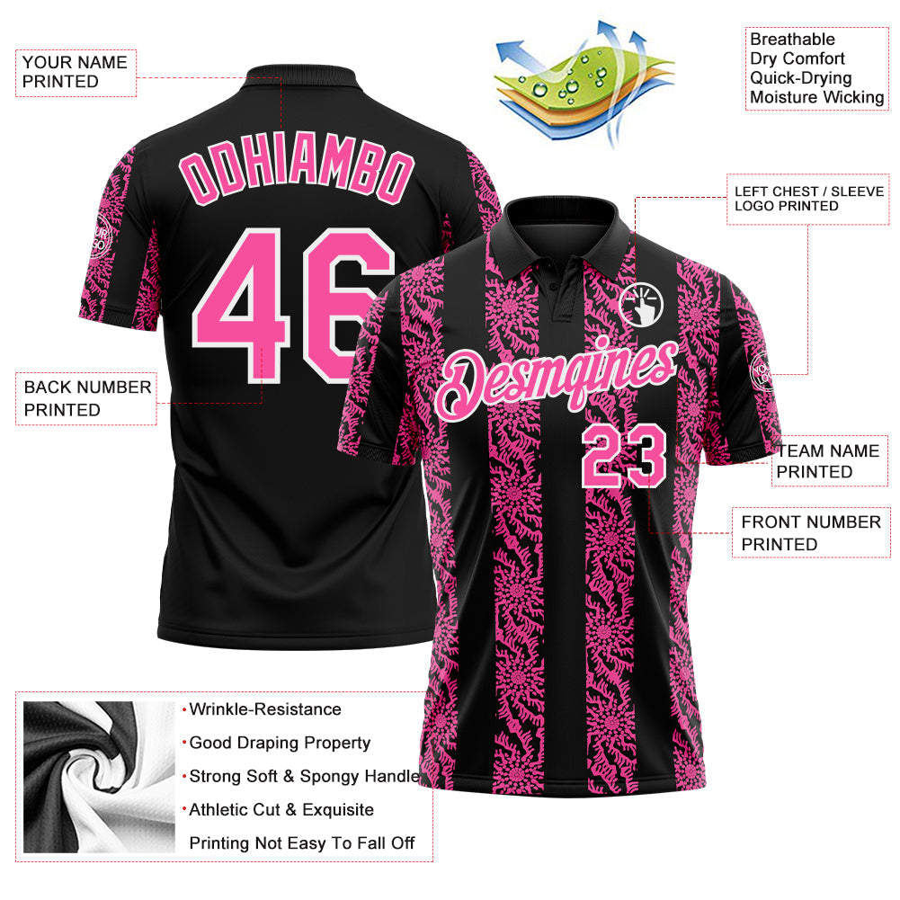 Custom Black Pink-White Abstract Floral Stripe Tribal Performance Polo Shirt view 3