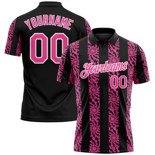 Custom Black Pink-White Abstract Floral Stripe Tribal Performance Polo Shirt - Main View
