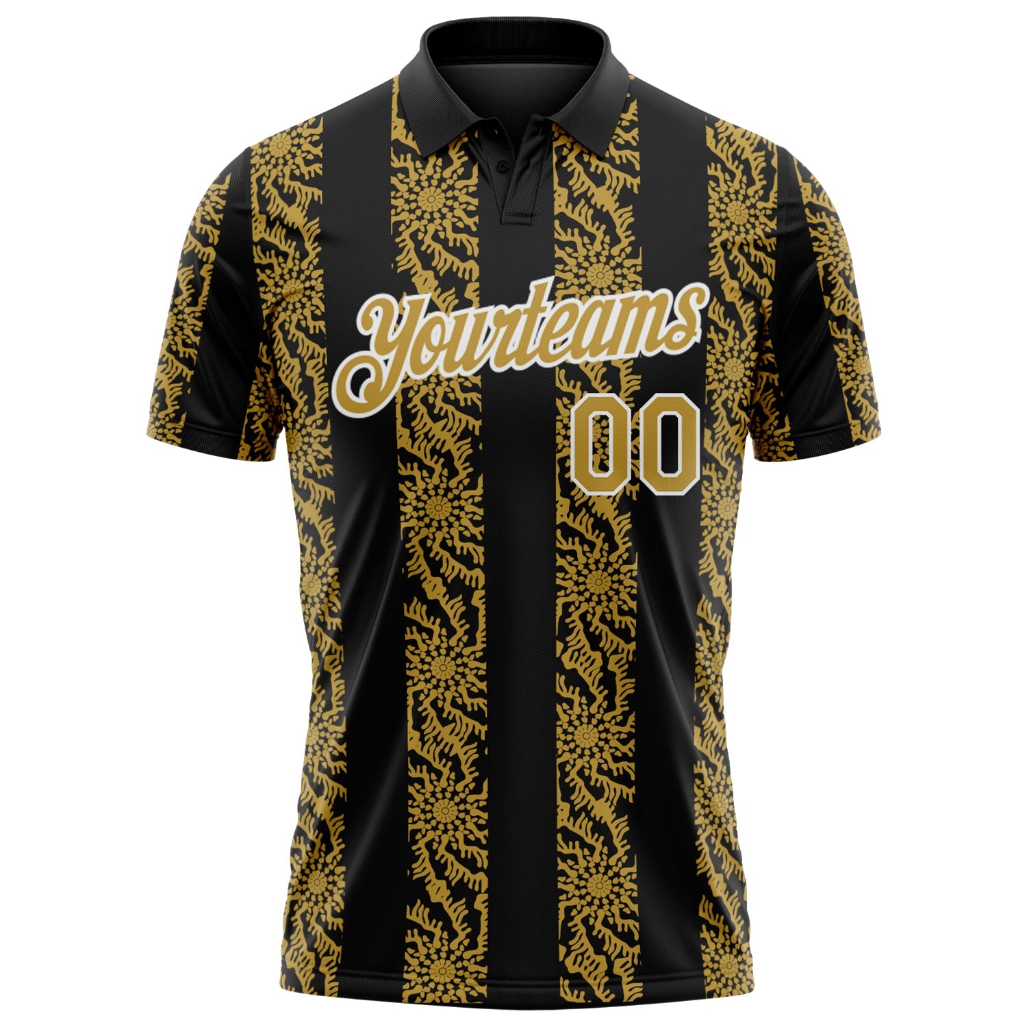 Custom Black Old Gold-White Abstract Floral Stripe Tribal Performance Polo Shirt view 2