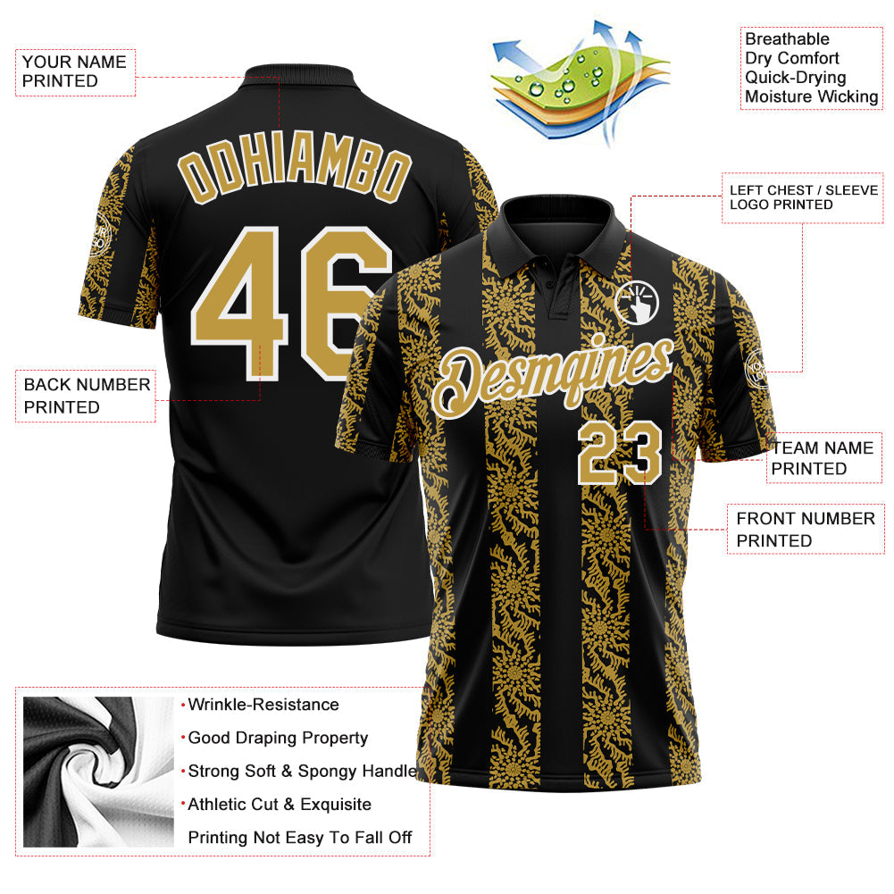 Custom Black Old Gold-White Abstract Floral Stripe Tribal Performance Polo Shirt view 3