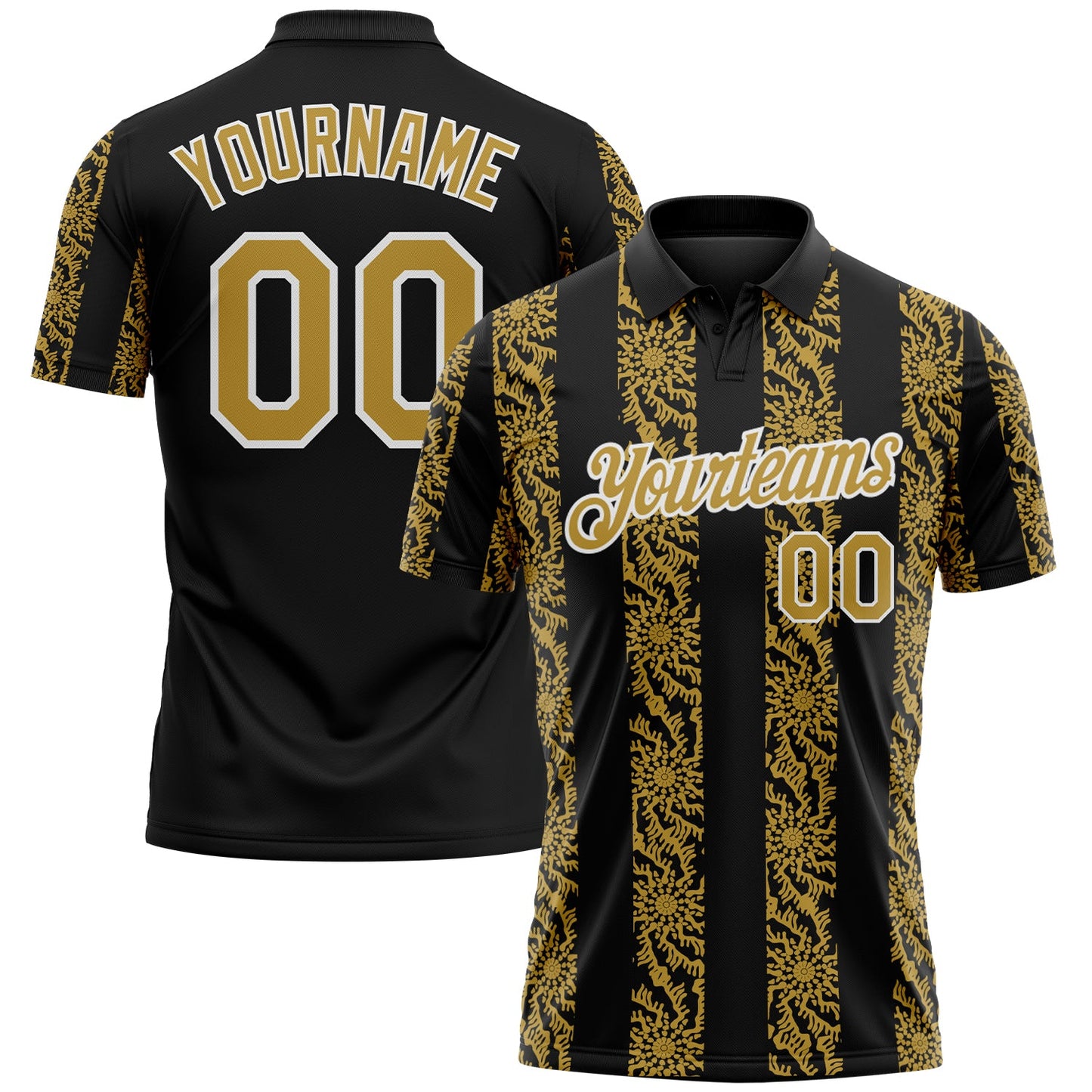 Custom Black Old Gold-White Abstract Floral Stripe Tribal Performance Polo Shirt - Main View