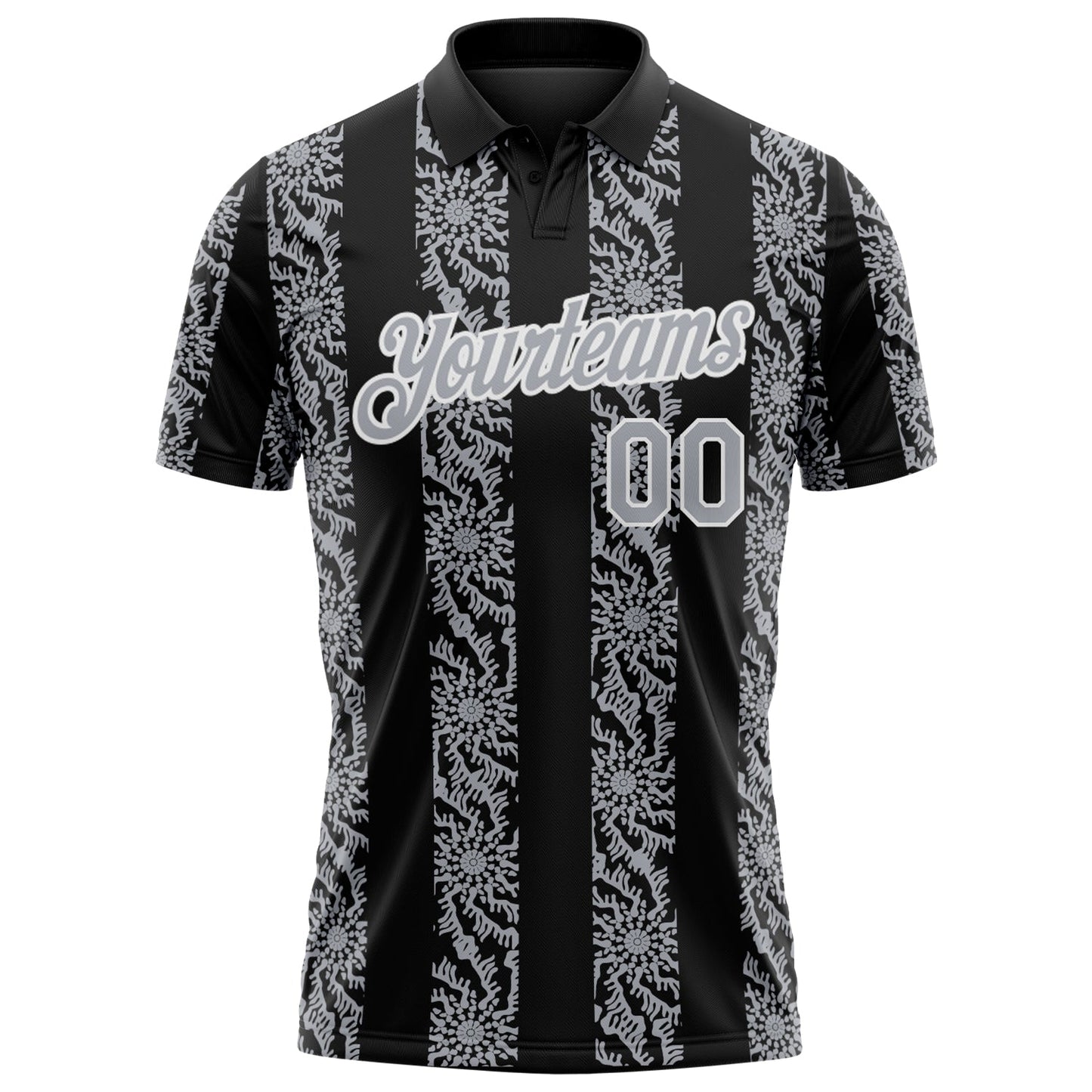 Custom Black Gray-White Abstract Floral Stripe Tribal Performance Polo Shirt view 2